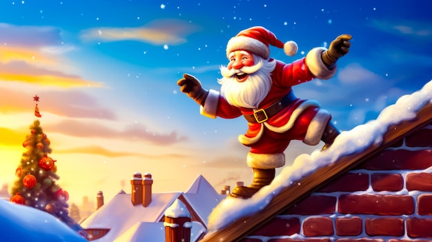 Cartoon santa clause on top of roof with his arms in the air Generative AI