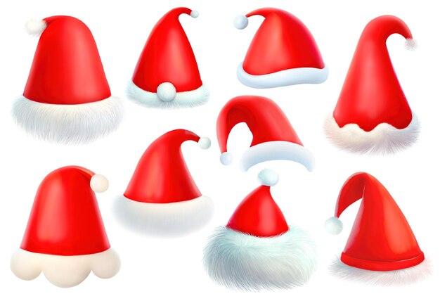 Cartoon Santa hats of different design Set of digital illustrations isolated on white background