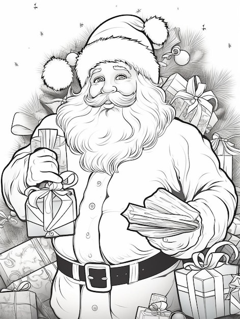 a cartoon of a santa holding a gift and a card with a santa hat.