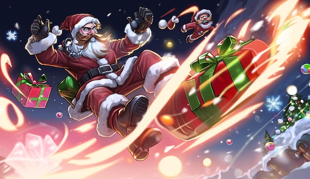 A cartoon santa is riding a skateboard with a christmas tree and a christmas present.