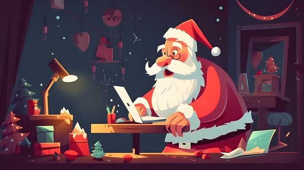 A cartoon santa is working on a laptop.