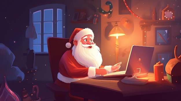 A cartoon of santa looking at a laptop with a christmas tree on the screen.