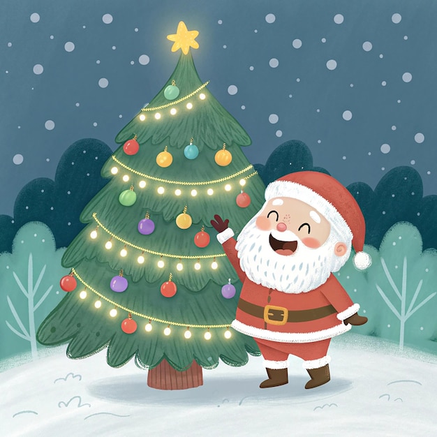 a cartoon of a santa standing next to a christmas tree