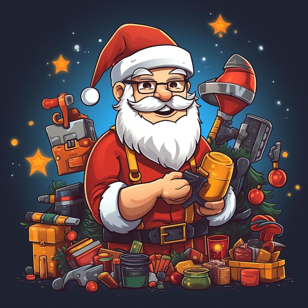 a cartoon of a santa with a bunch of presents around him