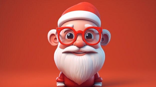 Мультяшный Санта в очках и красной шапке сидит на красном фоне.