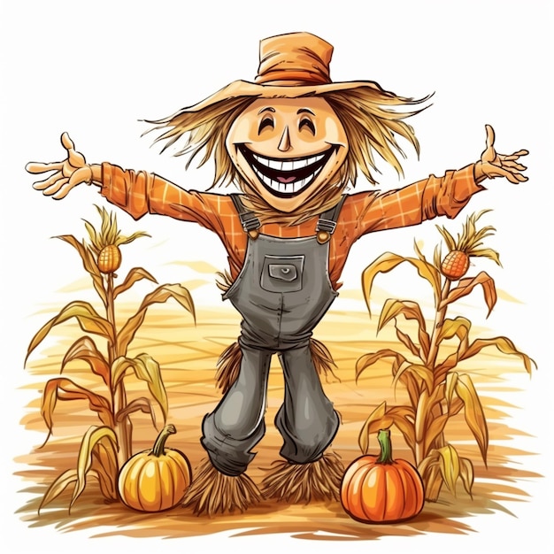 Photo cartoon scare with pumpkins and corn stalks in a field generative ai