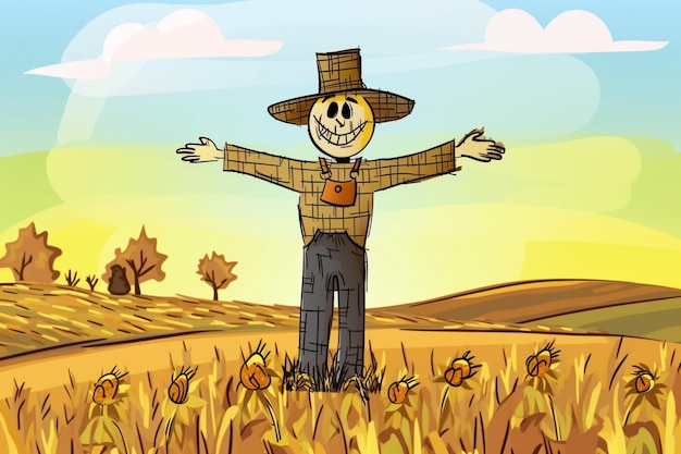 Photo a cartoon scarecrow in a field of sunflowers.