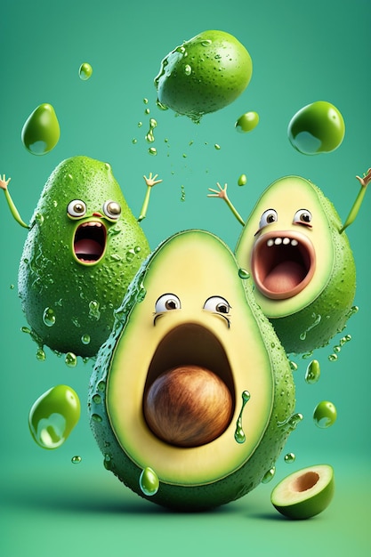 Cartoon scared crazy two avocados with oil splash