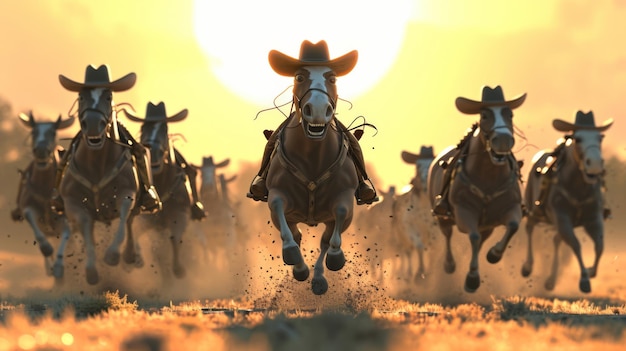 Cartoon scène als de zon ondergaat op de showdown het enige wat komischer is dan de overgrote cowboys