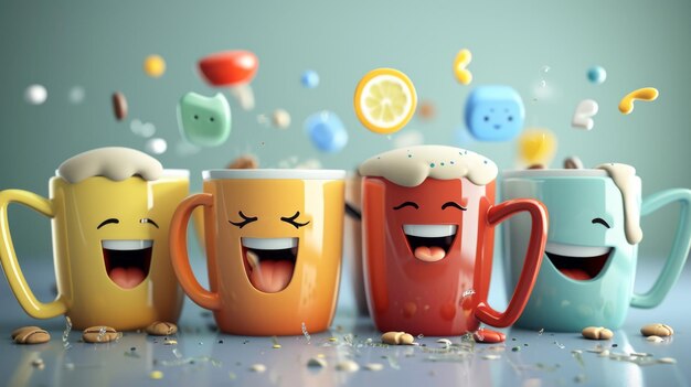 写真 シンポジウムの終わりの漫画のシーンでカップのグループが幸せにチャットしクリンクしているのが見られます