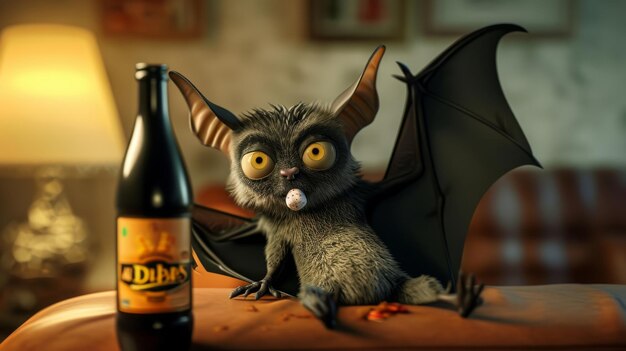 Photo cartoon scene a bat with a hangover chugging garlicflad gatorade and lamenting the consequences of