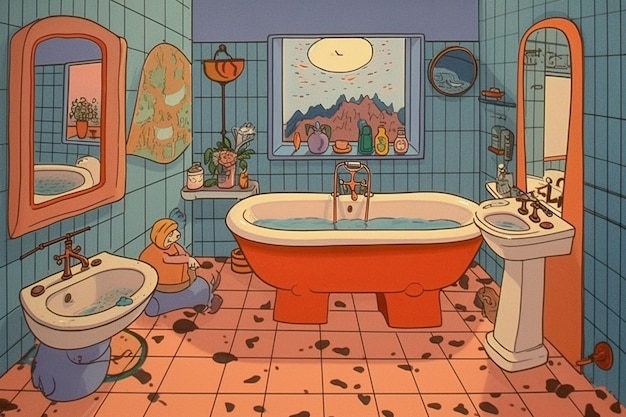 A cartoon scene of a bathroom with a sink and a mirror that says'the little prince '