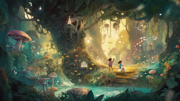 Сцена из мультфильма о мальчике и девочке, стоящих в лесу.