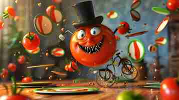 Photo cartoon scene a clumsy tomato in a top hat balances on a unicycle while frantically trying to juggle