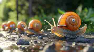 Photo cartoon scene in a daring move one snail decides to switch lanes in the middle of the race much to