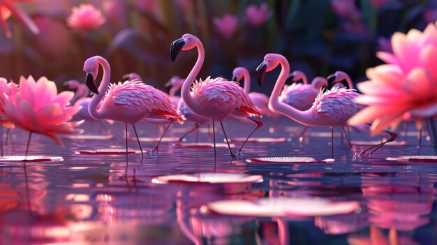 Photo cartoon scene of a flamboyant flamingo fashion show where the runway is rep with a river and the