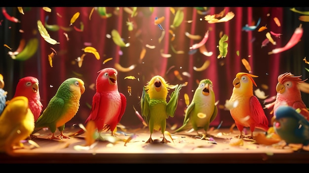 Foto scena di cartone animato di un gruppo di pappagalli riuniti sul palco in un club comico un pappagallo che fa uno scherzo