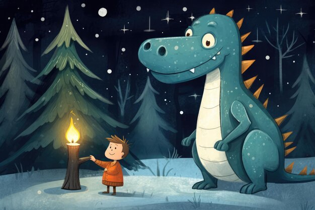 cartoon scène met gelukkige kleine jongen en dinosaurus in het bos illustratie voor kinderen