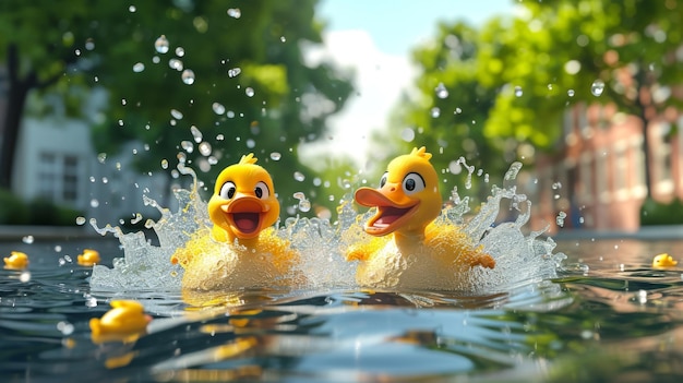 Cartoon scene a mischievous duo of ducks playfully splashing citygoers with water as they p by much