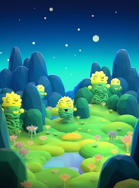 A cartoon scene of a mountain landscape with a green monster with a small pond in the middle.