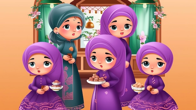 A cartoon scene of muslim family with a woman and a man holding a plate of food