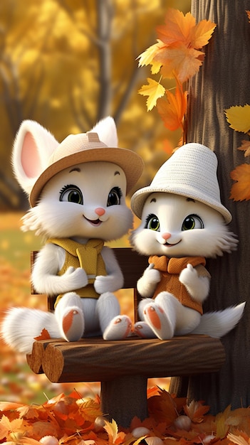 A cartoon scene of a rabbit and a tree with autumn leaves