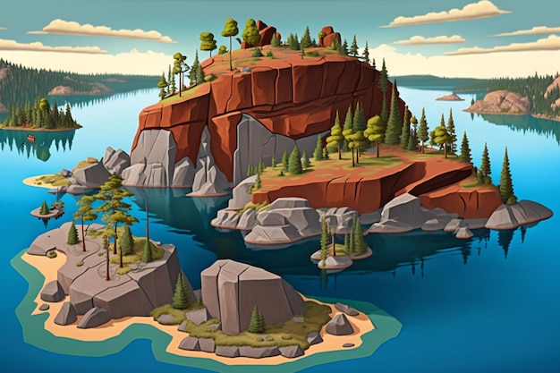 Мультяшная сцена скалистого острова с деревьями на нем.