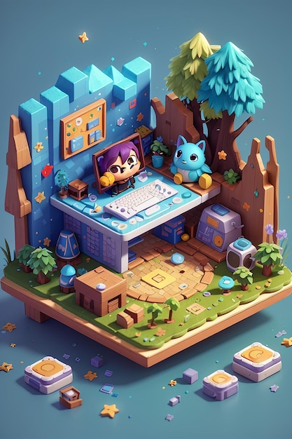a cartoon scene of a room with a blue house and a tree