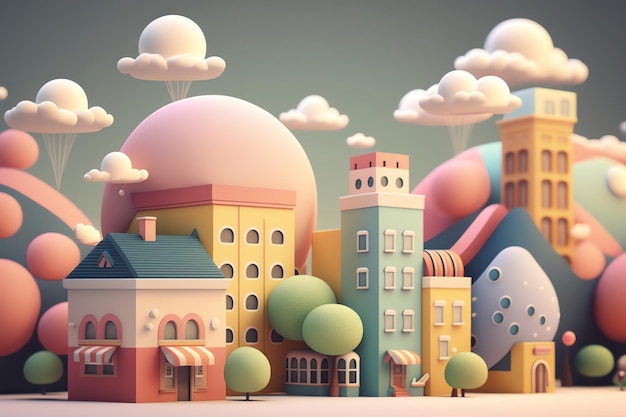 A cartoon scene of a small town with a cloudy sky in the background