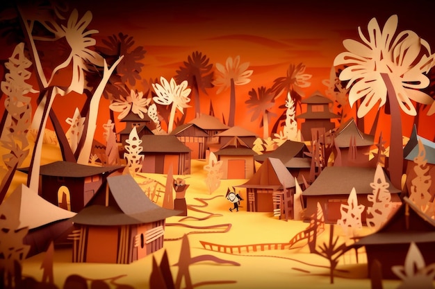 A cartoon scene of a village with a tree in the middle.