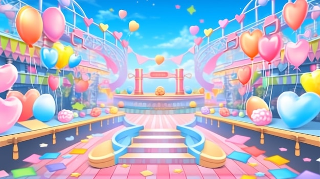 A cartoon scene with balloons and a stage with a pink and blue sky.