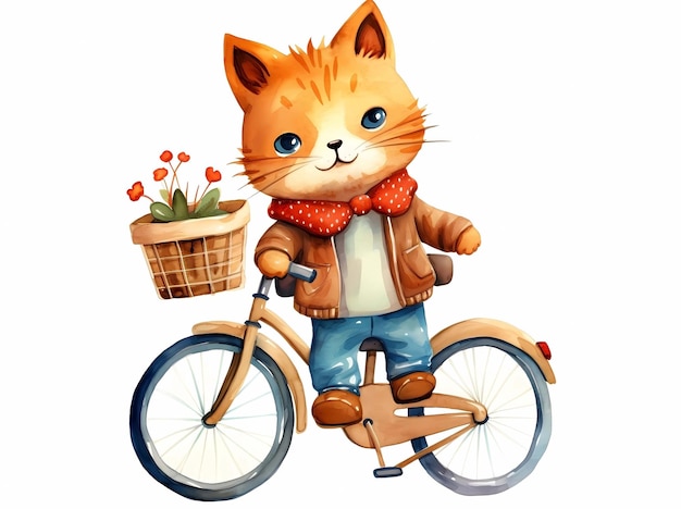 cartoon scene with cat on bike and basket of flowers illustration for children