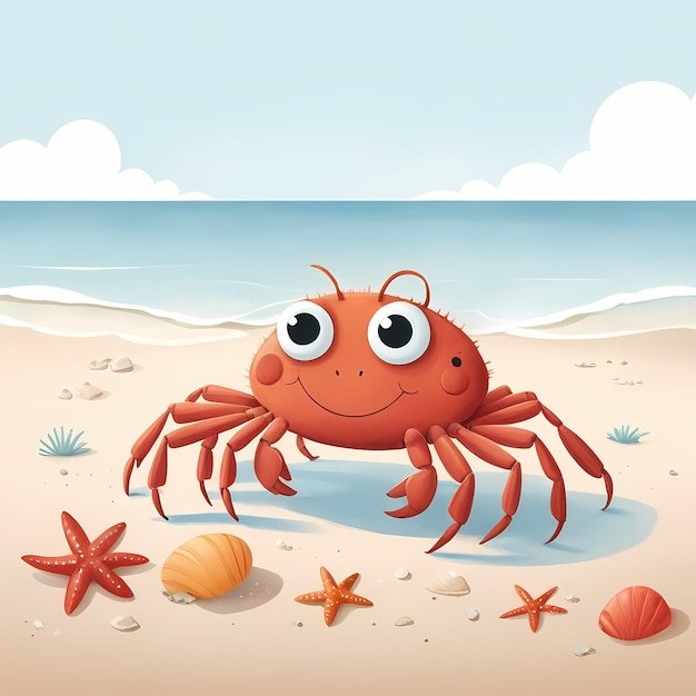 cartoon scene with happy crab on the beach illustration for children