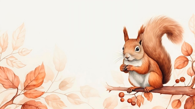 cartoon scene with happy squirrel on tree branch illustration for children