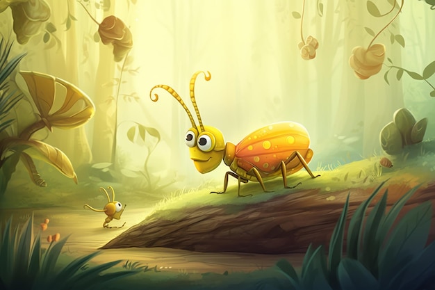 Мультяшная сцена с насекомыми в лесу, иллюстрация для детей