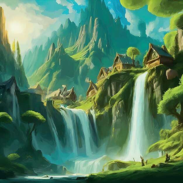 cartoon scene with a mountain river and a river in the background illustration for children