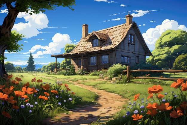 Cartoon scene with valley and farm house illustration for children