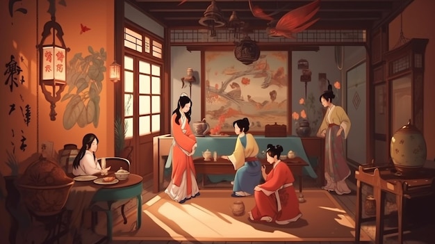 A cartoon scene of a woman in a chinese style.