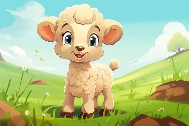 cartoon schapen staande in een veld met een berg op de achtergrond generatieve ai
