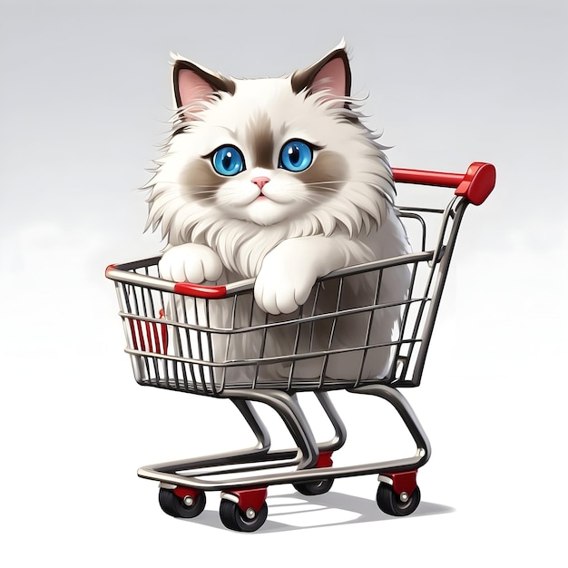 cartoon schattig Kat met winkelwagentje Kattenwinkelwinkel Kat die wagentje duwt Kitty winkelen