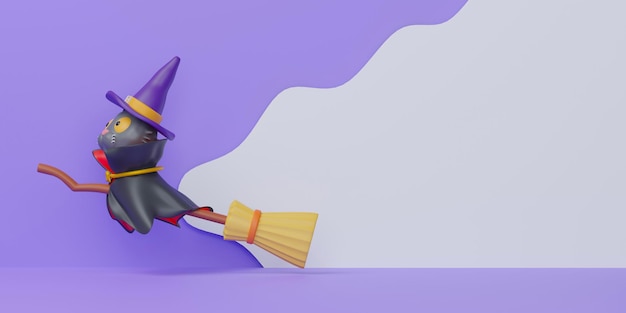 Cartoon schattig spook heks vliegen op een bezem met aankopen tegen de achtergrond met copyspace voor sms Halloween achtergrond herfst vakantie nacht angst 3D render illustratie