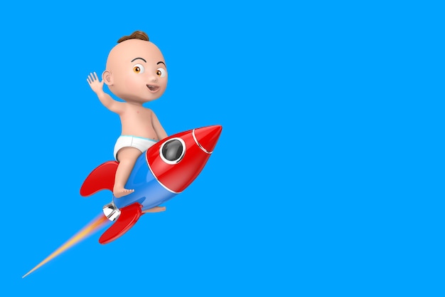 Cartoon schattige babyjongen vliegen op de Childs Toy Rocket op een blauwe achtergrond. 3D-rendering