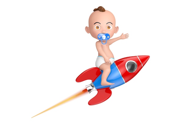 Cartoon schattige babyjongen vliegen op de Childs Toy Rocket op een witte achtergrond. 3D-rendering
