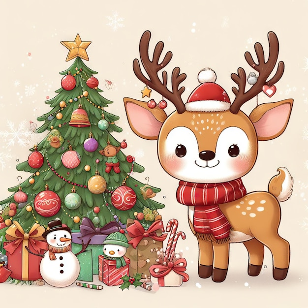 Cartoon schattige kerst rendieren illustratie op winter achtergrond