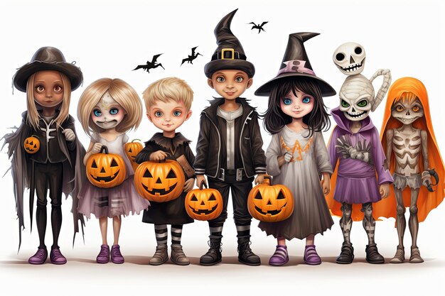 Cartoon schattige kinderen in kostuums Trick or Treat met jack o lantern op witte achtergrond