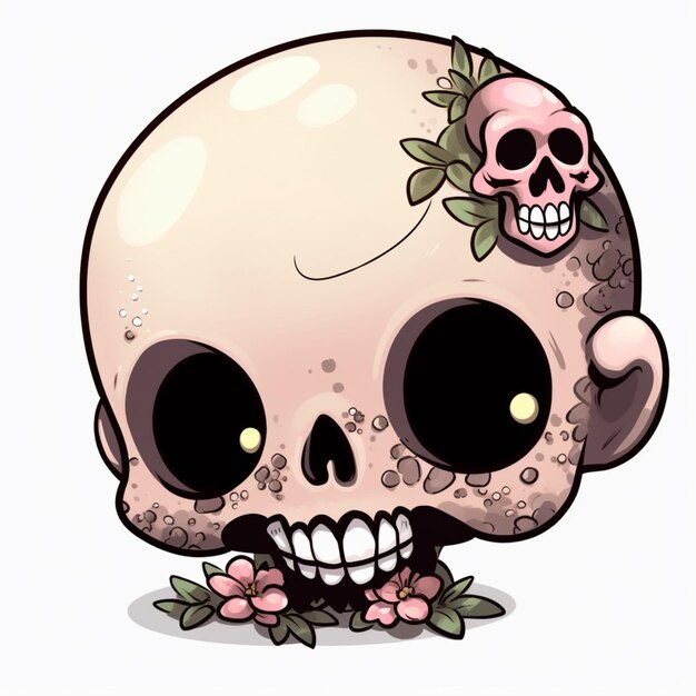 Cartoon schedel met bloem op het hoofd en tanden generatieve ai