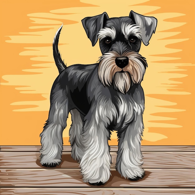 Photo cartoon schnauzer dog on wooden background highcontrast shading