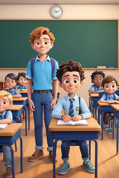 Cartoon School Boy in a Classroom