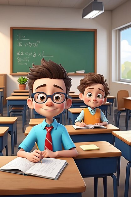 Cartoon School Boy in a Classroom