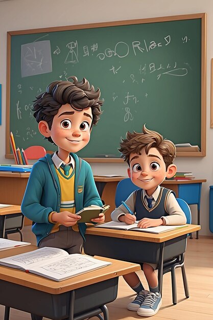 Cartoon School Boy in a Classroom